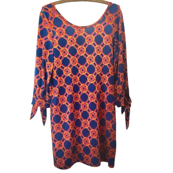 MUD Pie Women’s Navy Red Orange Lattice Print Shirt-Dress Scoop Neck, EUC Size M - Picture 3 of 14